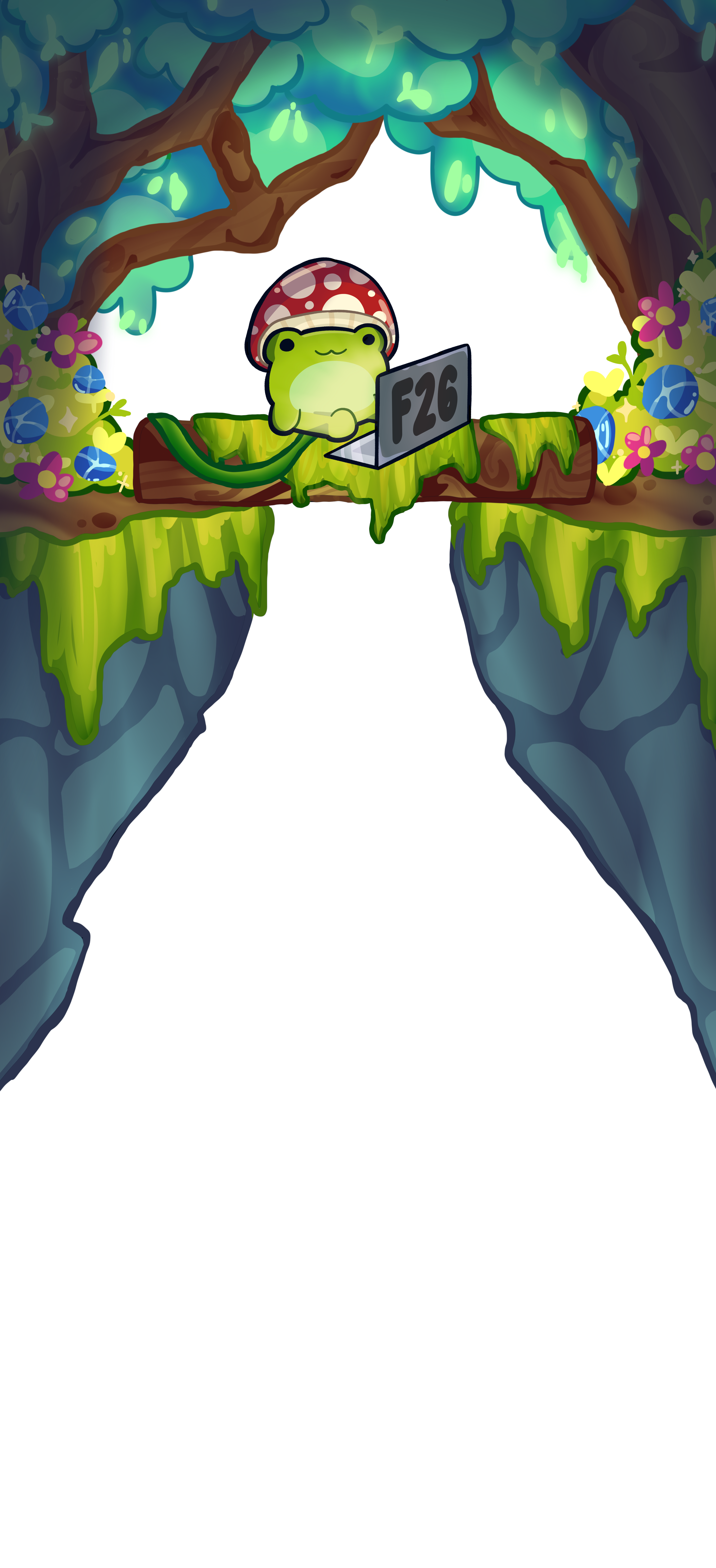 A frog in a mushroom cap working on a laptop